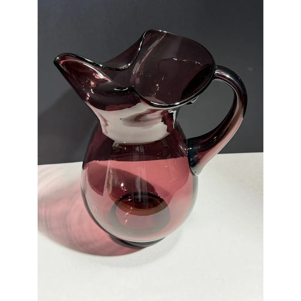 Amethyst Purple Hand Blown Glass‎ Pitcher Tri-Corner Ruffled Rim Vintage Plum